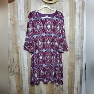 Chico’s Pullover Boho Paisley Bell-Sleeve Multicolor Midi Shift Dress Size Large
